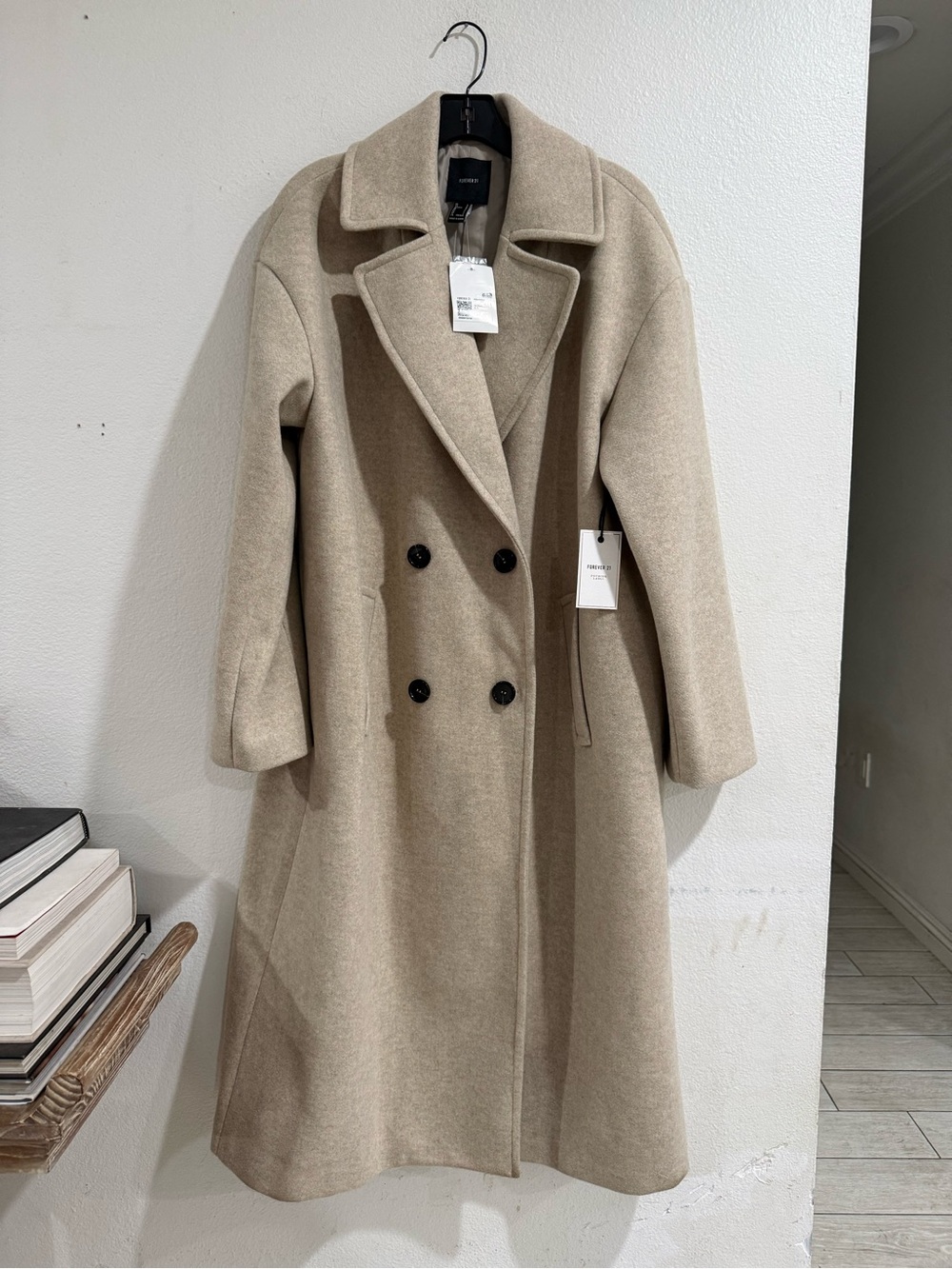 NWT Forever 21 Premium Label Beige Double Breasted Long Overcoat Sz L